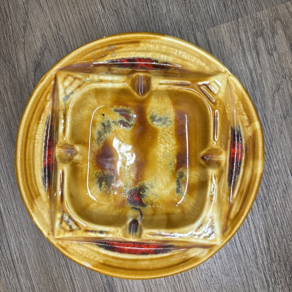 Maurice of‎ California Ashtray 1702 Round Vintage MCM Fire Red Brown Ceramic 6"